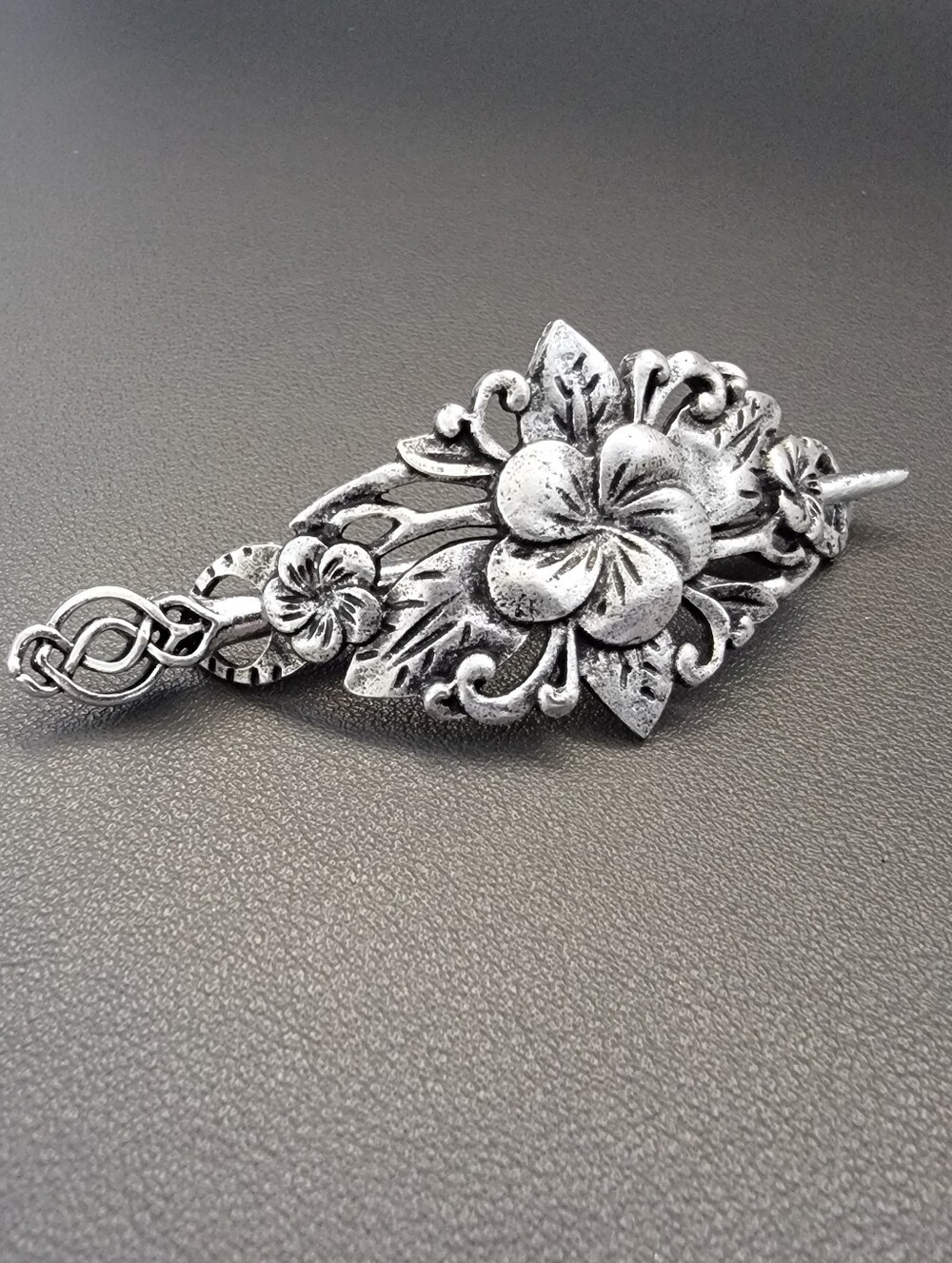 Silver Tone Floral Hair Barrette Hair Slide with Stick Pin Openwork Flower